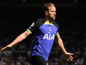Tottenham Hotspur's English striker Harry Kane celebrates after scoring the opening goal during the English Premier League football match between Leeds United and Tottenham Hotspur at Elland Road in Leeds, northern England on May 28, 2023. (Photo by Oli SCARFF / AFP)
