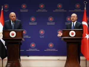 Turkish Foreign Affairs Minister Mevlut Cavusoglu (R) and Egyptian Foreign Affairs Minister Sameh Shoukry hold a joint news conference in Ankara on April 13, 2023. (Photo by Adem ALTAN / AFP) Egypt, Turkey