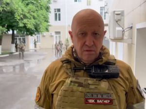 Yevgeny Prigozhin speaking inside the headquarters of the Russian southern military district in the city of Rostov-on-Don. Prigozhin announced on June 24. (Photo by Handout / TELEGRAM/ @concordgroup_official / AFP) Yevgeny Prigozhin