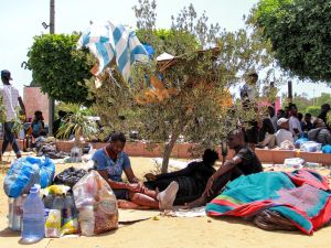 Sub-Saharan migrants rest under the shade of a tree to avoid the heat during a protest against the dire conditions of migrants in Tunisia's coastal central city of Sfax on July 7, 2023. (Photo by HOUSSEM ZOUARI / AFP) Sub-Saharan migrants