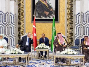 Turkish President Recep Tayyip Erdogan (2nd-L) and his wife Emine Erdogan (L) being received by the Deputy Governor of Mecca Prince Badr bin Sultan bin Abdulaziz (2nd-R) and Saudi Foreign Minister Faisal bin Farhan (R) upon their arrival in Jeddah on July 27, 2023. (Photo by SPA / AFP) Erdogan and Badr bin Sultan bin Abdulaziz