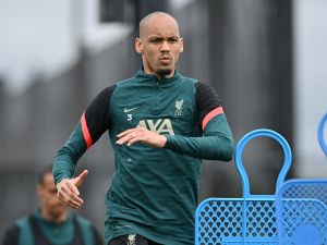 Liverpool's Brazilian midfielder Fabinho runs during a training session at their training ground in Liverpool, northwest England, on May 25, 2022, ahead of their UEFA Champions League final football match against Real Madrid on May 28. (Photo by Paul ELLIS / AFP)