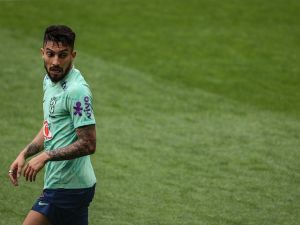 Brazil's defender Alex Telles attends a training session on the eve of their international friendly football match against Senegal at the Jose Alvalade stadium in Lisbon on June 19, 2023. (Photo by CARLOS COSTA / AFP)