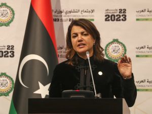 Libyan former Foreign Affairs Minister Najla El Mangoush holds a press conference at the end of the Arab foreign ministers meeting in the capital Tripoli, on January 22, 2023. (Photo by Mahmud Turkia / AFP) Libyan former Foreign Affairs Minister Najla El Mangoush