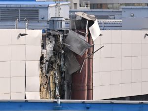  the damaged Expocentre building following a drone attack in Moscow 