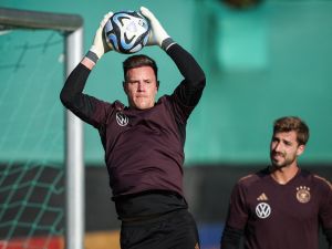 Germany's goalkeeper Marc-Andre Ter Stegen (L) and Germany's goalkeeper Kevin Trapp take part in a training session, on the eve of the friendly football match between Germany and Japan, at a training ground of the Volkswagen Arena in Wolfsburg, central Germany, on September 8, 2023. (Photo by Ronny Hartmann / AFP)
