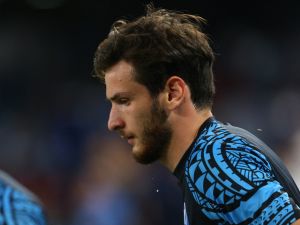 Napoli's Georgian forward #77 Khvicha Kvaratskhelia warms up prior to the Italian Serie A football match between SSC Napoli and SS Lazio at the Diego Armando Maradona Stadium on September 2, 2023. (Photo by CARLO HERMANN / AFP)
