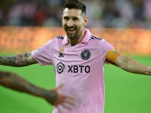 Inter Miami's Argentine forward #10 Lionel Messi celebrates Inter Miami's Argentine midfielder #11 Facundo Farias' goal during the Major League Soccer (MLS) football match between Inter Miami CF and Los Angeles FC at BMO Stadium in Los Angeles, California, on September 3, 2023. (Photo by Frederic J. Brown / AFP)