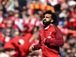 Liverpool's Egyptian striker #11 Mohamed Salah reacts prior to the English Premier League football match between Liverpool and Aston Villa at Anfield in Liverpool, north-west England on September 3, 2023. (Photo by Paul ELLIS / AFP)