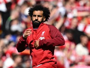 Liverpool's Egyptian striker #11 Mohamed Salah reacts prior to the English Premier League football match between Liverpool and Aston Villa at Anfield in Liverpool, north-west England on September 3, 2023. (Photo by Paul ELLIS / AFP)