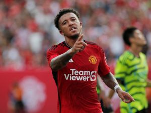 Jadon Sancho of Manchester United celebrates after scoring during the friendly football match between Manchester United and Arsenal at MetLife Stadium in East Rutherford, New Jersey, on July 22, 2023. (Photo by Leonardo Munoz / AFP)