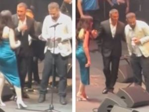 الشاب اكتفى باحتضان حبيبته وتقبيلها قبل ان يغادرا المسرح 