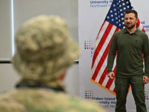 Ukrainian President Volodymyr Zelensky speaks while visiting with wounded Ukrainian soldiers at the Staten Island University Hospital in the Staten Island borough of New York City on September 18, 2023. (Photo by ANGELA WEISS / AFP) Iranian weapons