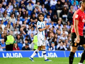 Real Sociedad's Japanese forward #14 Takefusa Kubo reacts during the Spanish league football match between Real Sociedad and RCD Mallorca at the Reale Arena stadium in San Sebastian on October 21, 2023. (Photo by ANDER GILLENEA / AFP)