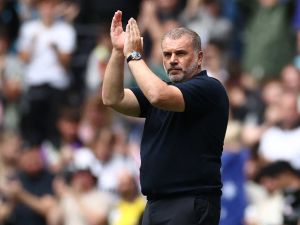 Tottenham Hotspur's Greek-Australian Head Coach Ange Postecoglou is introduced ahead of the pre-season friendly football match between Tottenham Hotspur and Shakhtar Donetsk at the Tottenham Hotspur Stadium, in London, on August 6, 2023. (Photo by HENRY NICHOLLS / AFP)