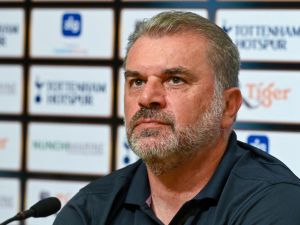 Ange Postecoglou, manager of Tottenham Hotspur team attends a press conference at the Singapore Festival of Football in Singapore on July 25, 2023. (Photo by Roslan RAHMAN / AFP)
