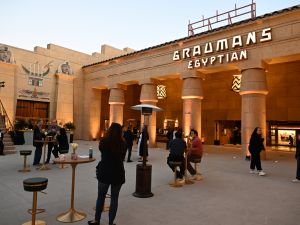 Visitors attend the press preview for the reopening of the Egyptian Theatre, in Hollywood, California