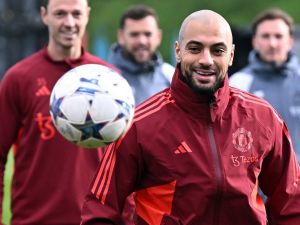 Manchester United's Moroccan midfielder #04 Sofyan Amrabat attends a training session at the Carrington Training Complex in Manchester, north-west England on November 7, 2023 on the eve of their UEFA Champions League Group A football match away against FC Copenhagen. (Photo by Paul ELLIS / AFP)