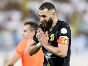 Ittihad's French forward #09 Karim Benzema gestures during the Saudi Pro League football match between Al-Ittihad and Al-Akhdoud at Prince Hathloul bin Abdulaziz Stadium in Najran on September 14, 2023. (Photo by AFP)