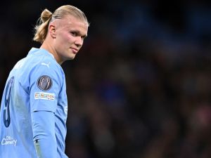 Manchester City's Norwegian striker #09 Erling Haaland reacts during the UEFA Champions League Group B second leg football match between Manchester City and Young Boys at the Etihad Stadium in Manchester, north west England, on November 7, 2023. (Photo by Oli SCARFF / AFP)