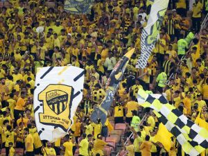 Ittihad fans cheer ahead of the AFC Champions League Group C football match between Saudi's Al-Ittihad and Iraq's Al-Quwa Al-Jawiya at the King Abdullah Sports City in Jeddah on October 23, 2023. (Photo by AFP)