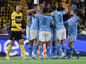 Manchester City's Norwegian forward #09 Erling Haaland (3rdL) celebrates scoring his team's third goal with teammates during the UEFA Champions League Group G football match between Young Boys (SUI) and Manchester City (ENG) at The Wankdorf Stadium, in Bern on October 25, 2023. (Photo by GABRIEL MONNET / AFP)