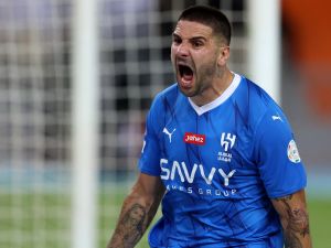 Hilal's Serbian forward #09 Aleksandar Mitrovic reacts after a goal during the Saudi Pro League football match between Al-Ittihad and Al-Hilal at Prince Abdullah al-Faisal Stadium in Jeddah on September 1, 2023. (Photo by AFP)
