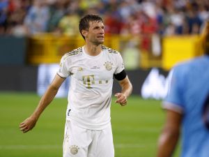 Bayern Munich's German forward Thomas Muller looks on during the international friendly match between Manchester City and FC Bayern Munich at at Lambeau Field in Green Bay, Wisconsin, on July 23, 2022. (Photo by Kamil KRZACZYNSKI / AFP)