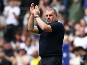 Tottenham Hotspur's Greek-Australian Head Coach Ange Postecoglou is introduced ahead of the pre-season friendly football match between Tottenham Hotspur and Shakhtar Donetsk at the Tottenham Hotspur Stadium, in London, on August 6, 2023. (Photo by HENRY NICHOLLS / AFP)