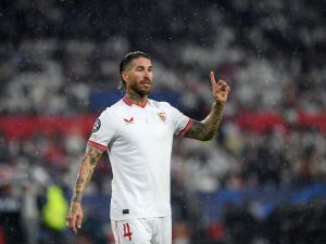 Sevilla's Spanish defender #04 Sergio Ramos gestures during the UEFA Champions League 1st round day 3 Group B football match between Sevilla FC and Arsenal at the Ramon Sanchez Pizjuan stadium in Seville on October 24, 2023. (Photo by JORGE GUERRERO / AFP)