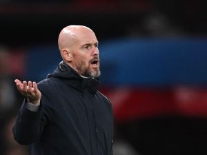 Manchester United's Dutch manager Erik ten Hag reacts during the UEFA Champions League Group A football match between Manchester United and FC Copenhagen at Old Trafford, in Manchester, north-west England, on October 24, 2023. (Photo by Paul ELLIS / AFP)
