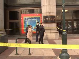 The scene outside the Macy's store at 13th and Market streets in Center City Philadelphia after one security guard was killed and another was wounded in a stabbing. (ABC/ Twitter)