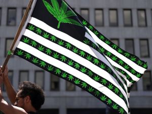 A marijuana activist holds a flag during a march on Independence Day on July 4, 2021, in Washington, D.C. (Alex Wong/Getty Images)