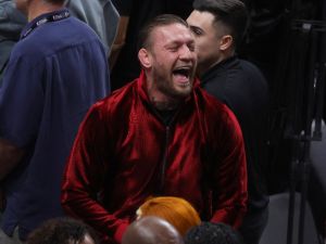 Conor McGregor is seen in attendance during Game Four of the 2023 NBA Finals between the Denver Nuggets and the Miami Heat at Kaseya Center on June 09, 2023 in Miami, Florida. NOTE TO USER: User expressly acknowledges and agrees that, by downloading and or using this photograph, User is consenting to the terms and conditions of the Getty Images License Agreement. Megan Briggs/Getty Images/AFP (Photo by Megan Briggs / GETTY IMAGES NORTH AMERICA / Getty Images via AFP)