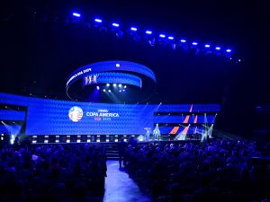 General view of the stage during final draw for the Conmebol 2024 Copa America football competition at the James L. Knight Centre in Miami, Florida, on December 7, 2023. (Photo by GIORGIO VIERA / AFP)