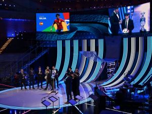 Hosts and officials stand on the stage during the final draw for the UEFA Euro 2024 European Championship football competition in Hamburg, northern Germany on December 2, 2023. (Photo by François-Xavier MARIT / AFP)