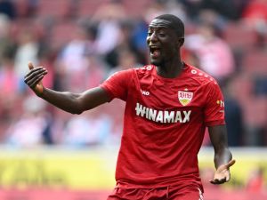 Stuttgart's Guinean forward #09 Serhou Guirassy reacts during the German first division Bundesliga football match between FC Cologne and VfB Stuttgart in Cologne, western Germany on September 30, 2023. (Photo by INA FASSBENDER / AFP)