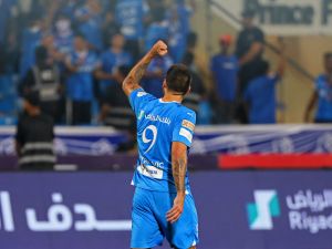 Hilal's Serbian forward #09 Aleksandar Mitrovic celebrates after scoring his team's second goal during the Saudi Pro League football match between Al-Hilal and Al-Shabab at Prince Faisal Bin Fahd Stadium in Riyadh on September 29, 2023. (Photo by Fayez NURELDINE / AFP)