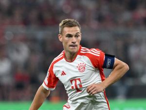Bayern Munich's midfielder #06 Joshua Kimmich plays the ball during the UEFA Champions League Group A football match FC Bayern Munich v Manchester United in Munich, southern Germany on September 20, 2023. (Photo by Christof STACHE / AFP)