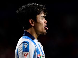 Real Sociedad's Japanese forward #14 Takefusa Kubo reacts during the Spanish league football match between CA Osasuna and Real Sociedad at El Sadar stadium in Pamplona on December 2, 2023. (Photo by ANDER GILLENEA / AFP)