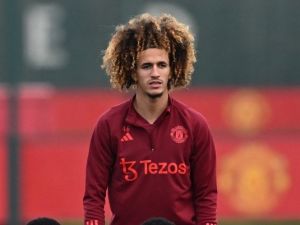 Manchester United's Tunisian midfielder #46 Hannibal Mejbri attends a training session at the Carrington Training Complex in Manchester, north-west England on October 23, 2023 ahead of their UEFA Champions League Group A football match against FC Copenhagen. (Photo by Paul ELLIS / AFP)