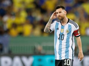 Argentina's forward Lionel Messi gestures during the 2026 FIFA World Cup South American qualification football match between Brazil and Argentina at Maracana Stadium in Rio de Janeiro, Brazil, on November 21, 2023. (Photo by Daniel RAMALHO / AFP)