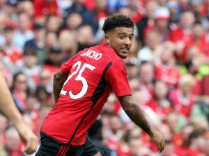 Manchester United's English striker Jadon Sancho makes a run during the pre-season friendly football match between Manchester United and Athletic Club Bilbao at the Aviva Stadium, in Dublin, on August 6, 2023. (Photo by Paul Faith / AFP)