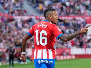 Girona's Brazilian midfielder #16 Savio Moreira celebrates scoring a goal during the Spanish league football match between Girona FC and UD Almeria at the Montilivi stadium in Girona on October 22, 2023. (Photo by Pau BARRENA / AFP)