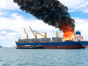 Large general cargo ship had a lot of fire and smoke