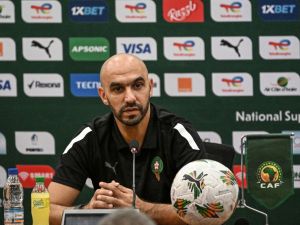 Morocco's head coach Walid Regragui attends a press conference at the Laurent Pokou stadium in San-Pedro on January 29, 2024 on the eve of the round of 16 Africa Cup of Nations (CAN) 2024 football match between Morocco and South Africa. (Photo by Sia KAMBOU / AFP)
