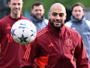Manchester United's Moroccan midfielder #04 Sofyan Amrabat attends a training session at the Carrington Training Complex in Manchester, north-west England on November 7, 2023 on the eve of their UEFA Champions League Group A football match away against FC Copenhagen. (Photo by Paul ELLIS / AFP)