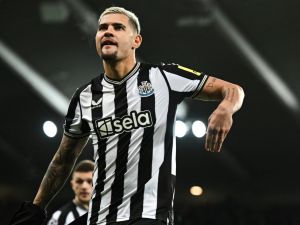 Newcastle United's Brazilian midfielder #39 Bruno Guimaraes arrives on the pitch ahead of the UEFA Champions League Group F football match between Newcastle United and AC Milan at St James' Park in Newcastle-upon-Tyne, north east England on December 13, 2023. (Photo by Paul ELLIS / AFP)