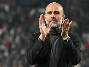 Manchester City's Spanish manager Pep Guardiola celebrates after winning the UEFA Champions League Group G day 6 group stage football match between Crvena Zvezda (Red Star Belgrade) and Manchester City at the Red Star stadium in Belgrade, on December 13, 2023. (Photo by ANDREJ ISAKOVIC / AFP)