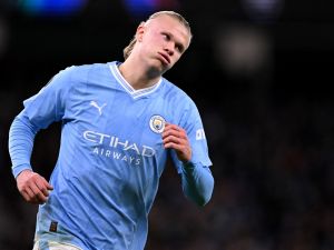 Manchester City's Norwegian striker #09 Erling Haaland reacts during the UEFA Champions League Group B second leg football match between Manchester City and Young Boys at the Etihad Stadium in Manchester, north west England, on November 7, 2023. (Photo by Oli SCARFF / AFP)